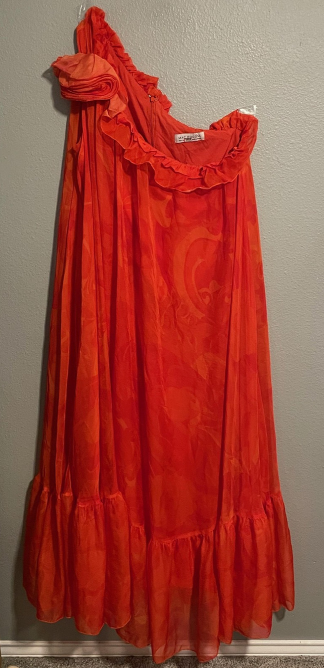 Mac Duggal Maxi Dress Womens Size 14 Orange One Shoulder Ruffle Formal FLAW